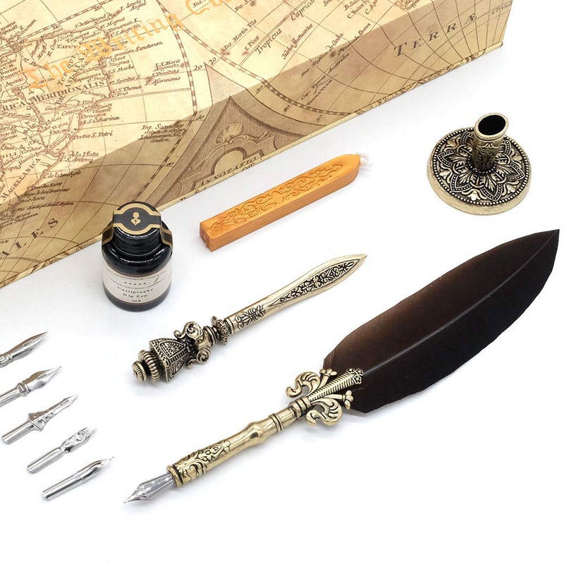 GC QUILL Feather Pen and Ink Set, Calligraphy Quill Pen with Metal Letter Opener Pen Holder 6 Nibs 1 Dip Ink and 1 Sealing Wax Gift for Kids Adults Writers â€“ MU-08 - Image 5